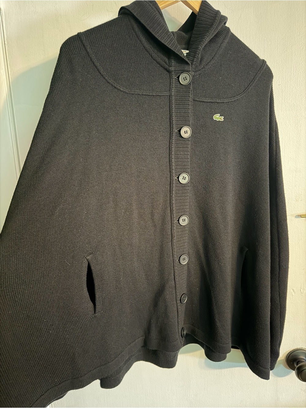 Lacoste Black Hooded Button-Up Knit Cape, Sz Small